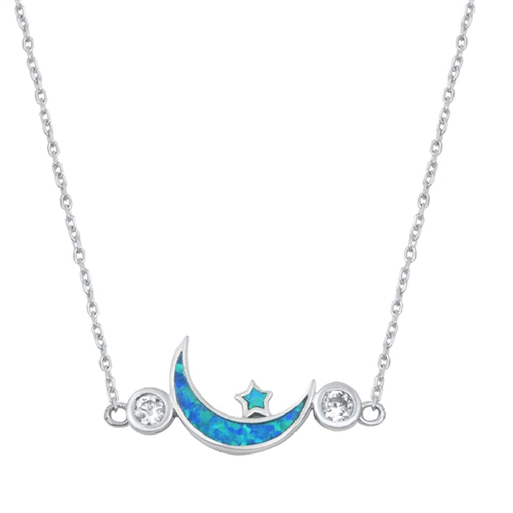 Sterling Silver Blue Lab Opal Moon and Star Necklace
