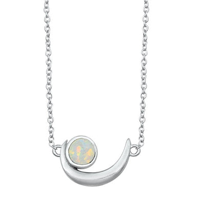 Sterling Silver White Lab Opal Crescent Moon Necklace