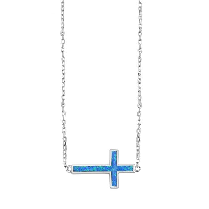 Sterling Silver Sideways Cross Blue Lab Opal Necklace