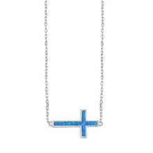 Load image into Gallery viewer, Sterling Silver Sideways Cross Blue Lab Opal Necklace