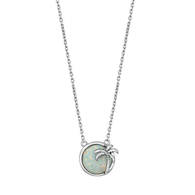 Sterling Silver Palm Tree White Lab Opal Necklace