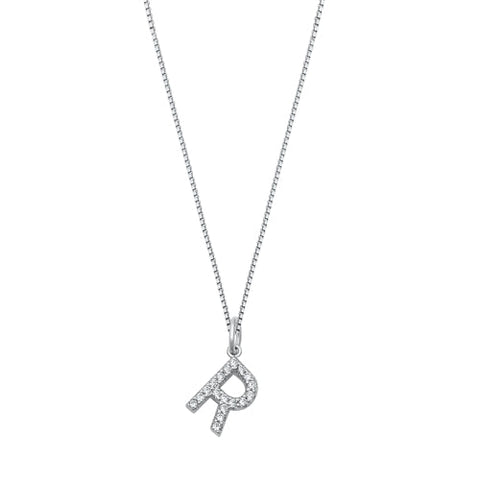 Sterling Silver Clear CZ R Initial Necklace