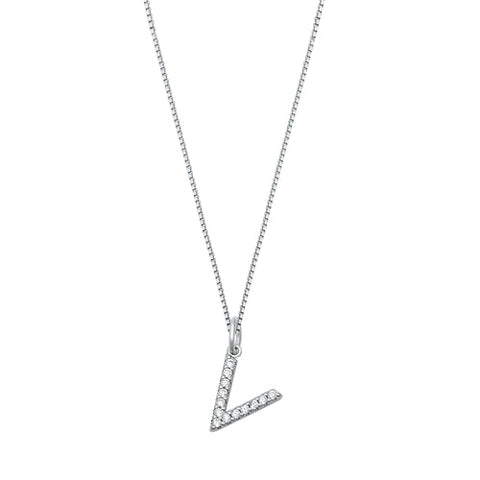Sterling Silver Clear CZ V Initial Necklace