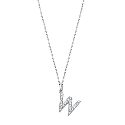 Sterling Silver Clear CZ W Initial Necklace