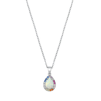 Sterling Silver Tear Drop White Lab Opal And Multi Colored CZ Necklace