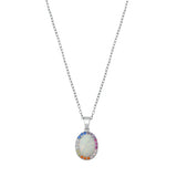 Sterling Silver Oval White Lab Opal And Multi Colored CZ Necklace