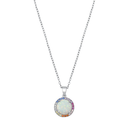 Sterling Silver Round White Lab Opal And Multi Colored CZ Necklace