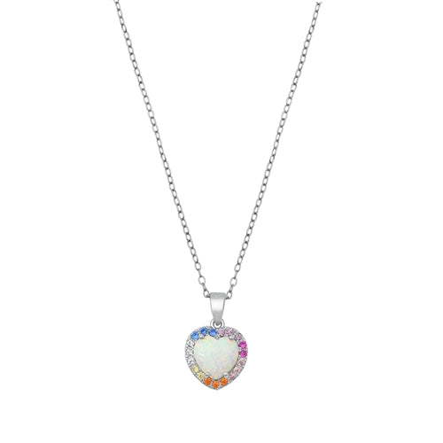 Sterling Silver Heart White Lab Opal And Multi Colored CZ Necklace