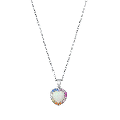 Sterling Silver Heart White Lab Opal And Multi Colored CZ Necklace