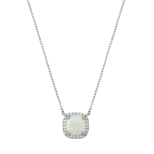 Sterling Silver Square White Lab Opal And Clear CZ Necklace