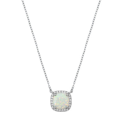 Sterling Silver Square White Lab Opal And Clear CZ Necklace