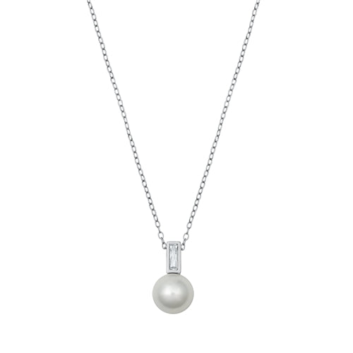 Sterling Silver Round Pearl And Clear CZ Necklace