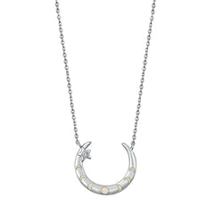 Sterling Silver Rhodium Plated Moon Phases Blue Lab Opal And Clear CZ Necklace Length-17+2inches Extension