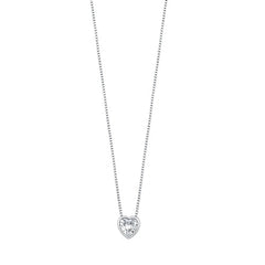 Sterling Silver Rhodium Plated Heart Clear CZ Solitaire Necklace