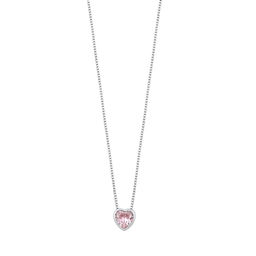 Sterling Silver Rhodium Plated Heart Pink CZ Solitaire Necklace