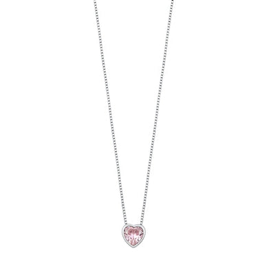 Sterling Silver Rhodium Plated Heart Pink CZ Solitaire Necklace