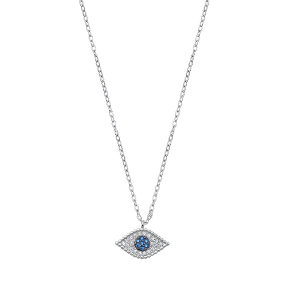 Sterling Silver Rhodium Plated Eye Blue And Clear CZ Necklace