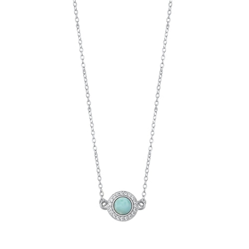 Sterling Silver Rhodium Plated Round Genuine Larimar And Clear CZ Necklace