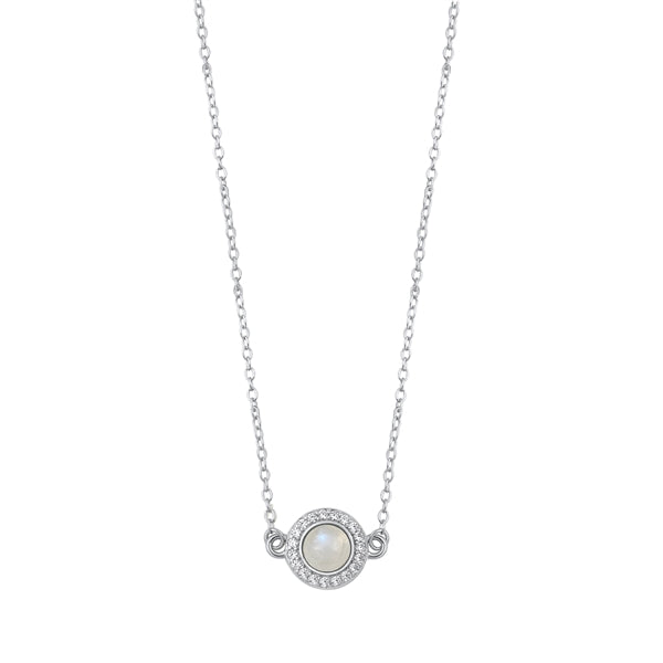 Sterling Silver Rhodium Plated Round Moon Stone And Clear CZ Necklace