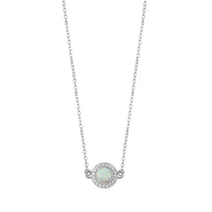 Sterling Silver Rhodium Plated Round White Lab Opal And Clear CZ Necklace