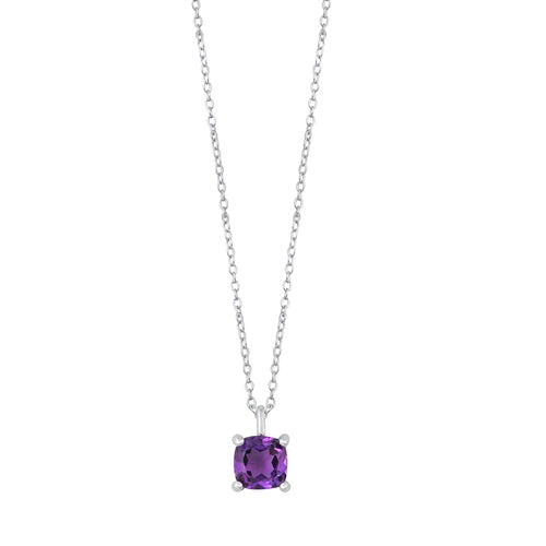 Sterling Silver Rhodium Plated Round Genuine Amethyst CZ Necklace