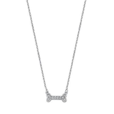 Sterling Silver Rhodium Plated Dog Bone Clear CZ Necklace