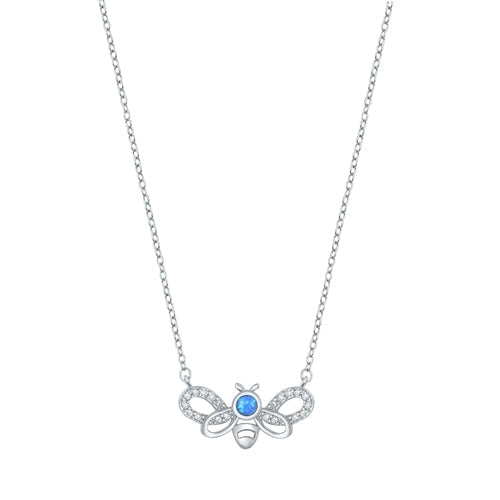 Sterling Silver Rhodium Plated Bee Blue Lab Opal and Clear CZ Necklace Length-16+2inches Extension, Charm Height-10mm