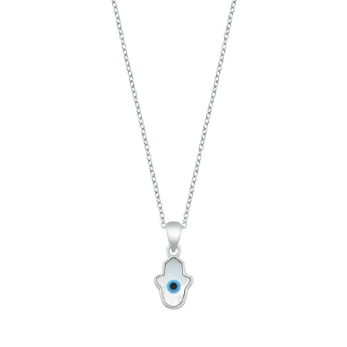 Sterling Silver Rhodium Plated Evil Eye Hamsa Mother Of Pearl Necklace Length-16+2inches Extension, Charm Height-11.2mm