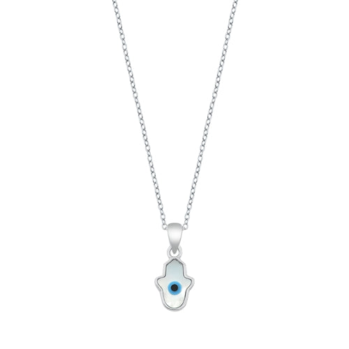 Sterling Silver Rhodium Plated Evil Eye Hamsa Mother Of Pearl Necklace Length-16+2inches Extension, Charm Height-11.2mm