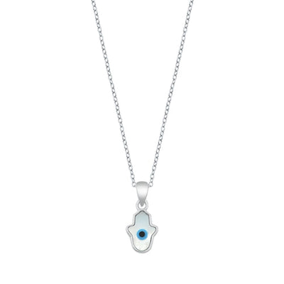 Sterling Silver Rhodium Plated Evil Eye Hamsa Mother Of Pearl Necklace Length-16+2inches Extension, Charm Height-11.2mm