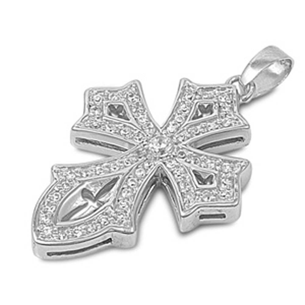 Sterling Silver Thick Budded Cross Pendant Micropaved with Clear CZ StonesAnd Pendant Height of 31MM