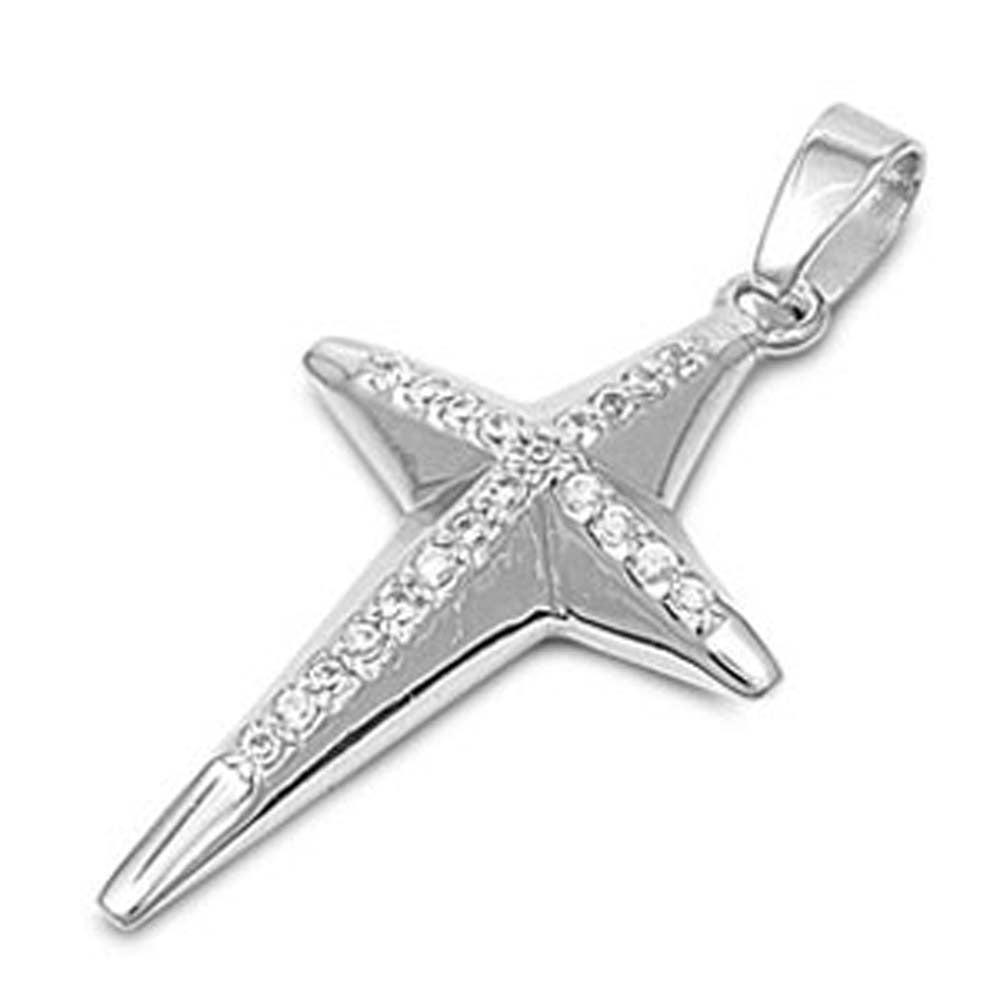 High Polished Sterling Silver Fancy Cross Pendant with Clear CZ StonesAnd Pendant Height of 27MM
