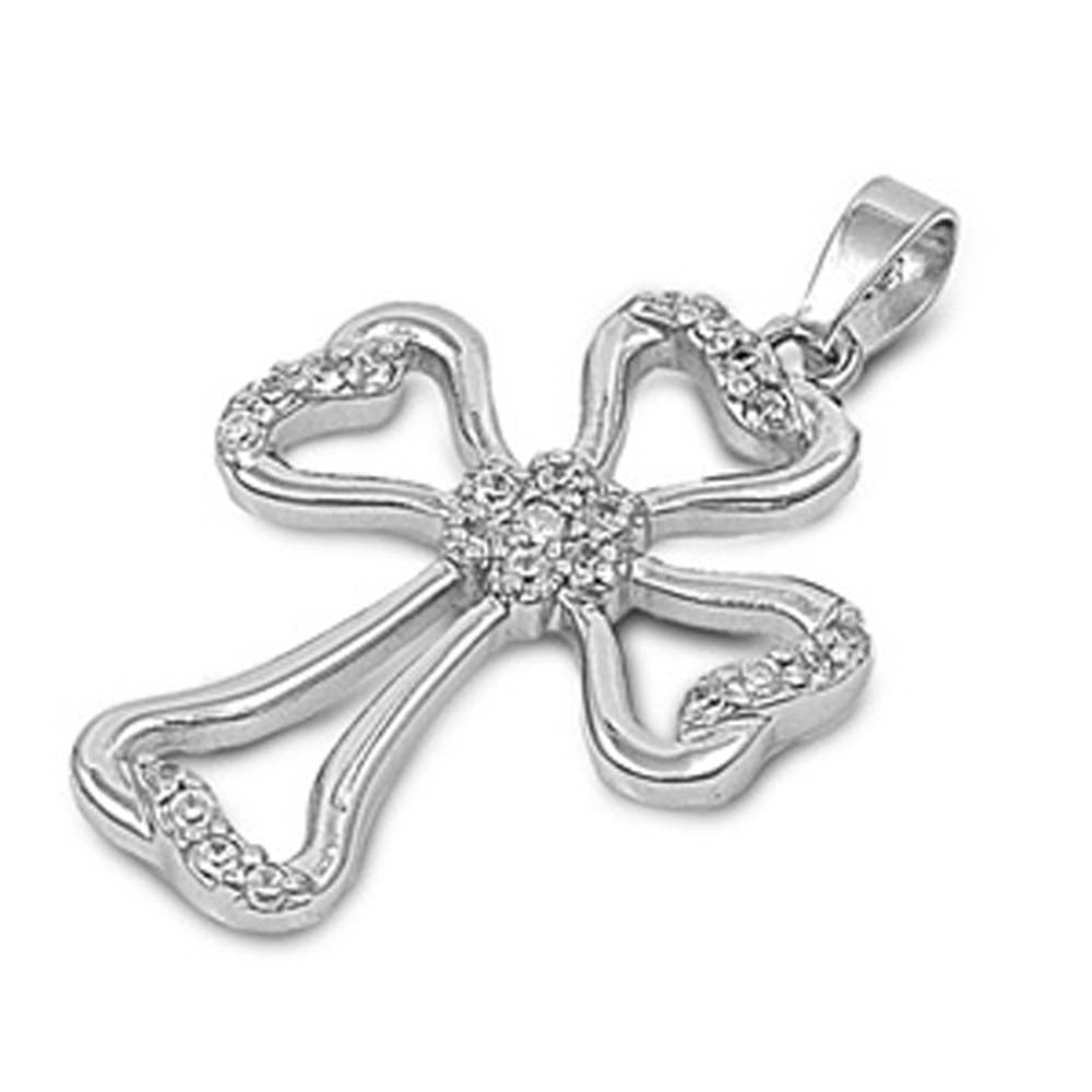 High Polished Sterling Silver CZ Paved Cross Pendant with Heart Shape EndsAnd Pendant Height of 30MM