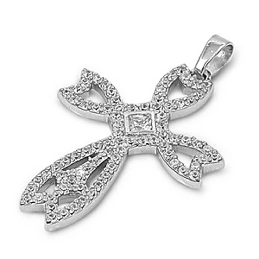 Sterling Silver Open Cross CZ Pendant Micropaved with Clear CZ StonesAnd Pendant Height of 35MM