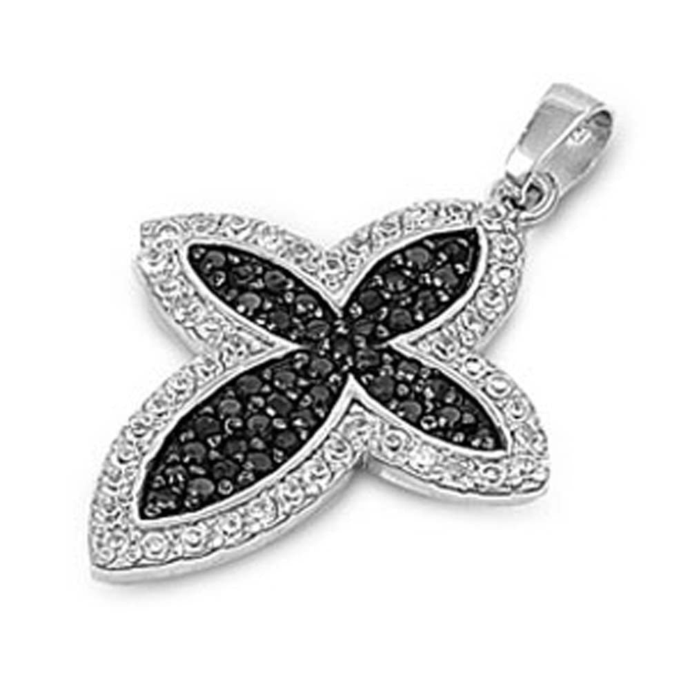 Sterling Silver Thick Cross Pendant Embedded with Clear and Black CZ StonesAnd Pendant Height of 29MM