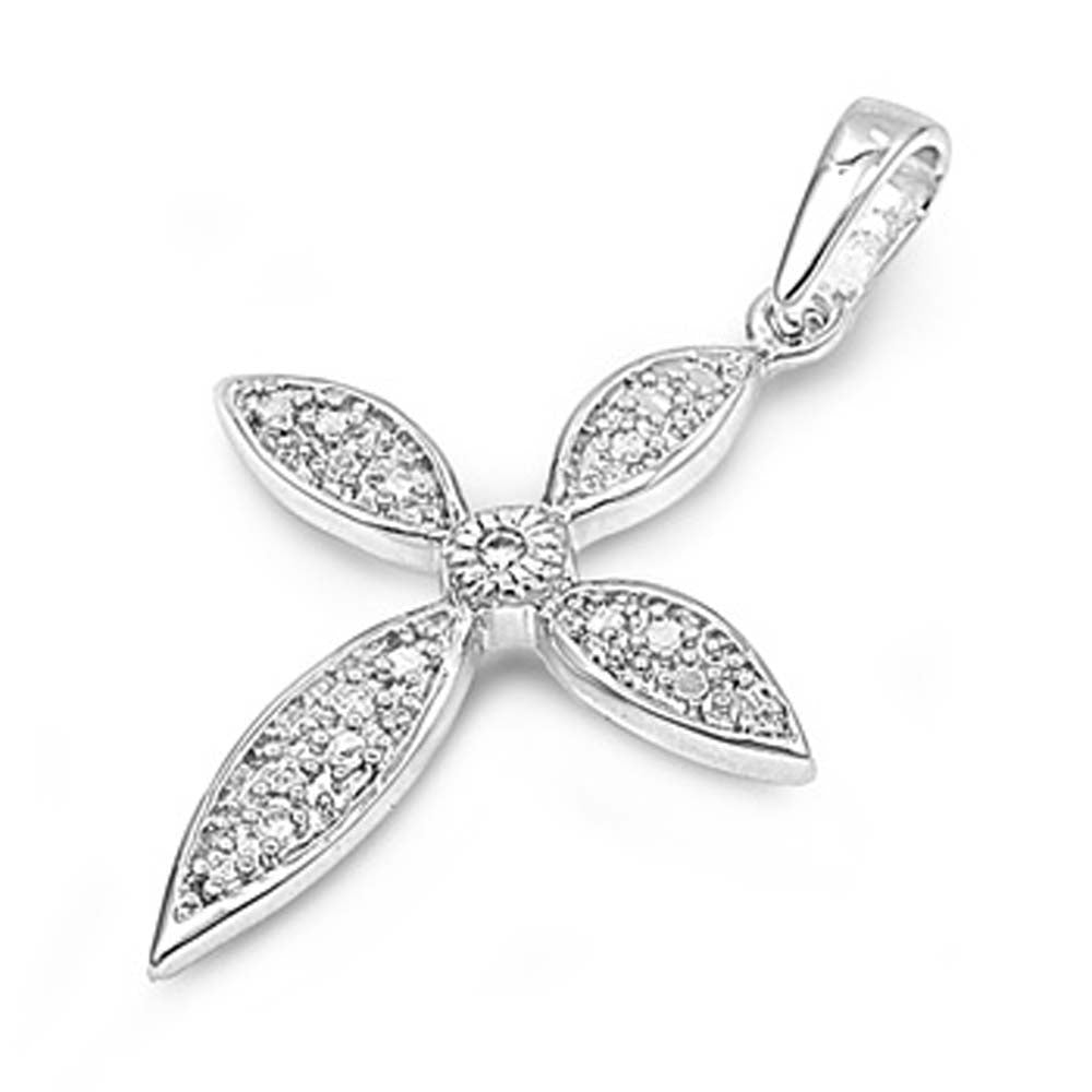 Sterling Silver Oval Shaped Cross Pendant Micropaved with Clear CZ StonesAnd Pendant Height of 26MM