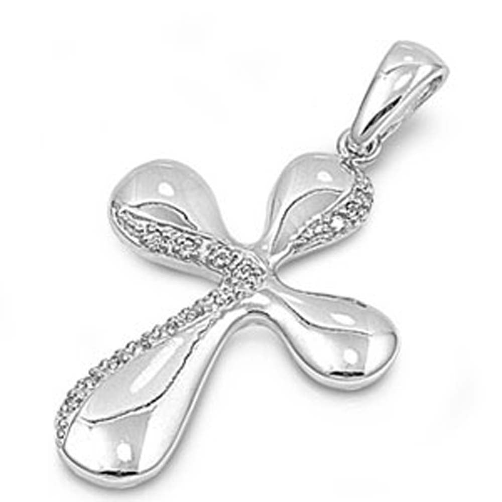 High Polished Sterling Silver Droplet Cross Pendant and Micropaved with Clear CZ StonesAnd Pendant Height of 29MM