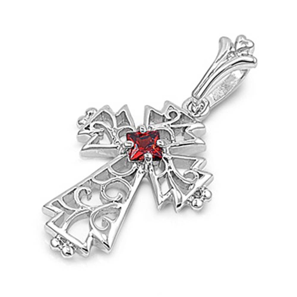 Sterling Silver Fashionable Cross with Unique Design Paved with Princess Cut Garnet CZ in the MiddleAnd Pendant Height of 21MM