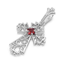 Load image into Gallery viewer, Sterling Silver Fashionable Cross with Unique Design Paved with Princess Cut Garnet CZ in the MiddleAnd Pendant Height of 21MM