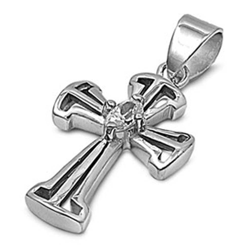 Sterling Silver Stylish Open Design Cross Pendant with Clear CZ in the MiddleAnd Pendant height of 23MM