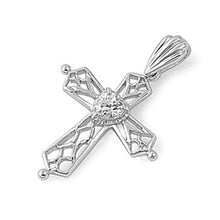 Load image into Gallery viewer, Sterling Silver Lily Cross Pendant with Heart Shaped Clear CZ Stone on the MiddleAnd Pendant Height of 26MM