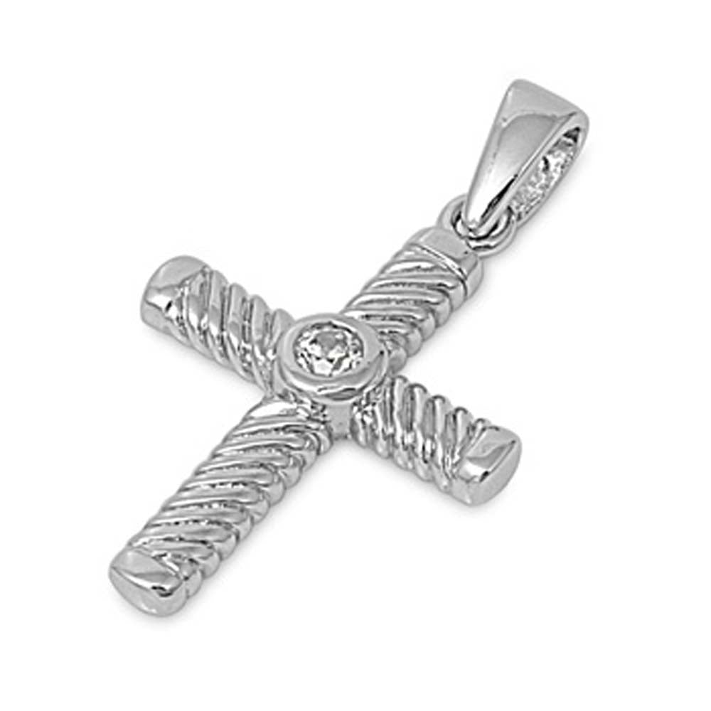 Sterling Silver Cross Pendant with Clear CZ Stone on the Middle and Spiral DesignAnd Pendant Height of 23MM