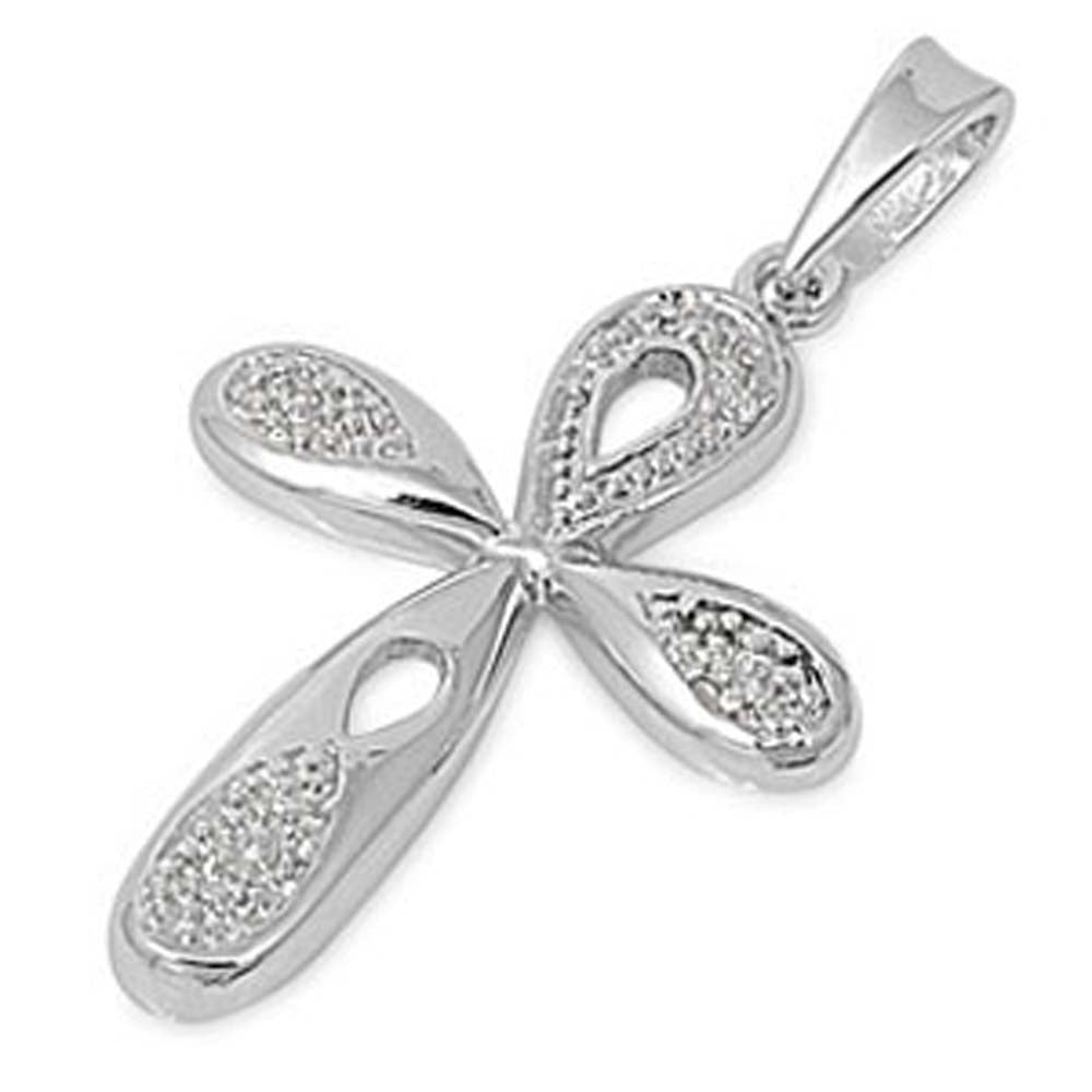 Sterling Silver Stylish Oval Shaped Cross with Clear CZ StonesAnd Pendant Height of 27MM