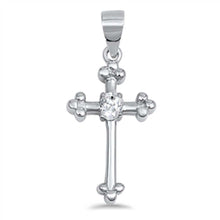 Load image into Gallery viewer, Sterling Silver Budded Cross Pendant with Clear CZ Stone in the Center And Pendant Height of 22MM