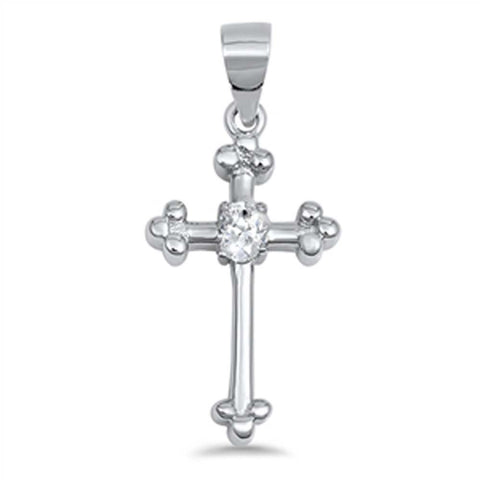 Sterling Silver Budded Cross Pendant with Clear CZ Stone in the Center And Pendant Height of 22MM