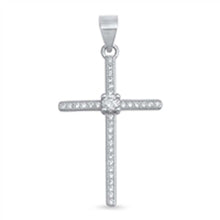 Load image into Gallery viewer, Sterling Silver Thin Cross Pendant with Clear CZ Stones and a Square CZ Stone in the MiddleAnd Pendant Height of 29MM