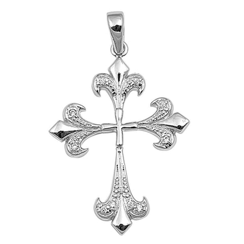 Sterling Silver Fluer De Lise Shaped Cubic Zirconia Cross PendantAnd Pendant Height 27 mm