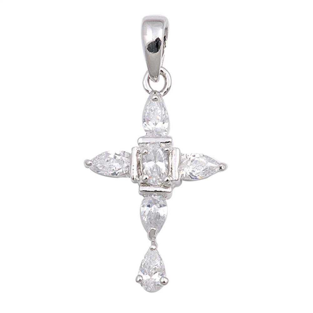 Sterling Silver Clear Pear Cubic Zirconia Cross PendantAnd Pendant Height 23 mm
