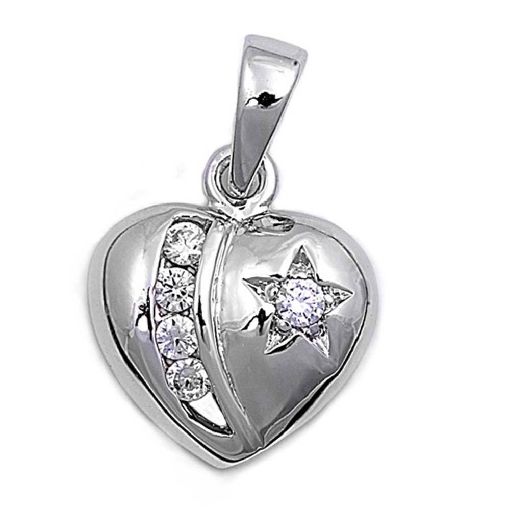 Sterling Silver Heart Pendant with CZ - Hear w/ Moon & StarAnd Pendant Height 12mm