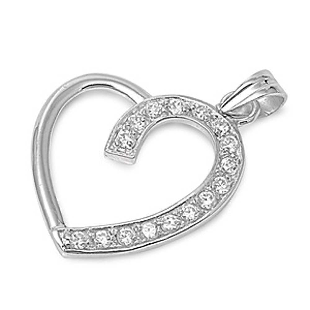 Sterling Silver Open Heart Pendant Paved with Simulated Diamonds